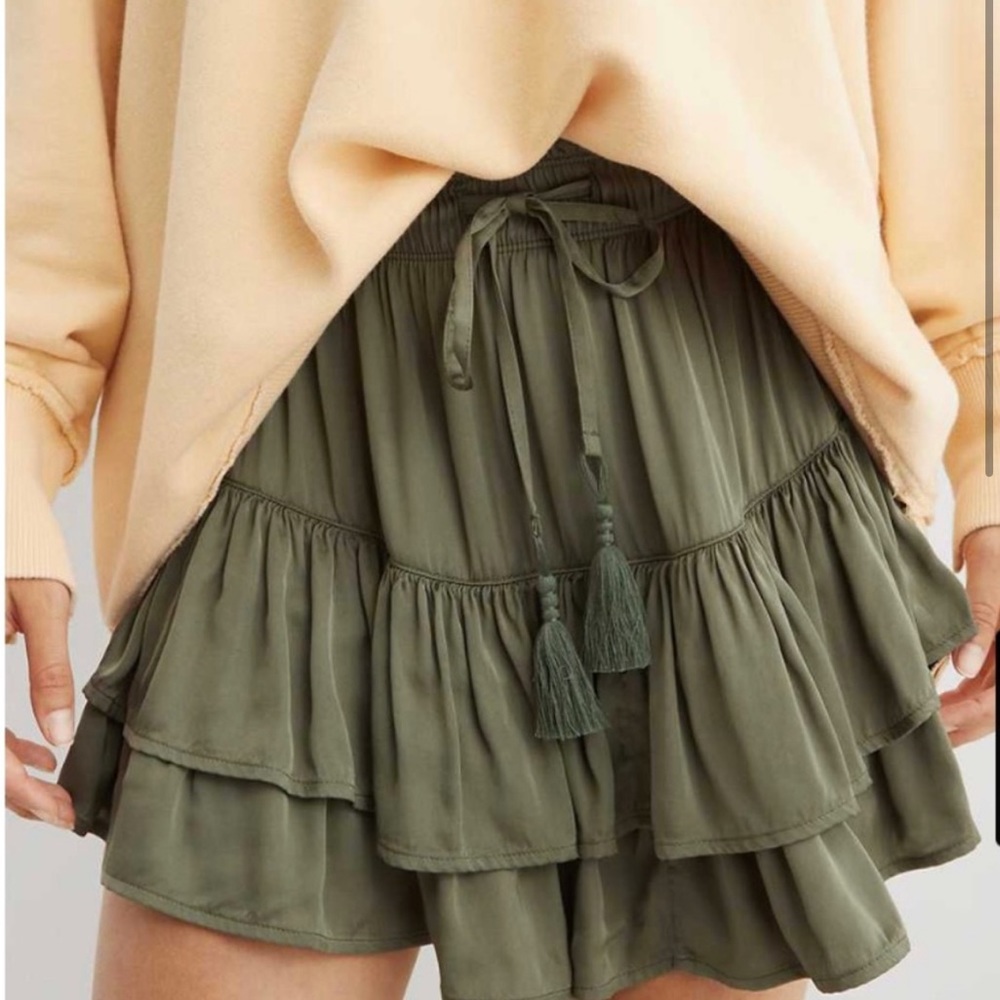 Aerie | Sweet ‘N’ Silky Satin Olive Green Ruffle Skirt Medium NWOT